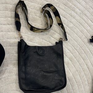 Black Leather Crossbody Bag with Camouflage Strap. 2 additional straps included